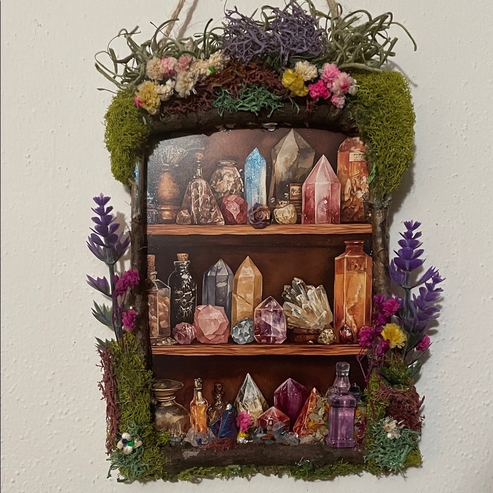 Crystals print Shelf Wall decor with Green and Purple Accents handcrafted border